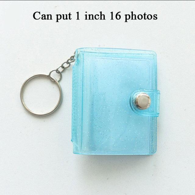 2 Inch Photo Album PVC Sequins Transparent Sticker & Name Card Holder 16 Pockets Photo Holder Business Card Bag Mini Photo Holds Photos with Key Chain Album Gifts Stevvex