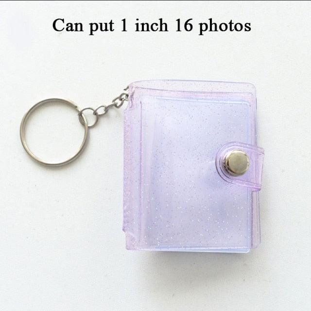 2 Inch Photo Album PVC Sequins Transparent Sticker & Name Card Holder 16 Pockets Photo Holder Business Card Bag Mini Photo Holds Photos with Key Chain Album Gifts Stevvex