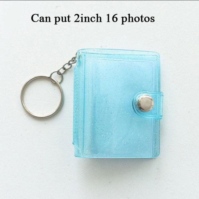 2 Inch Photo Album PVC Sequins Transparent Sticker & Name Card Holder 16 Pockets Photo Holder Business Card Bag Mini Photo Holds Photos with Key Chain Album Gifts Stevvex