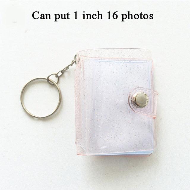 2 Inch Photo Album PVC Sequins Transparent Sticker & Name Card Holder 16 Pockets Photo Holder Business Card Bag Mini Photo Holds Photos with Key Chain Album Gifts Stevvex