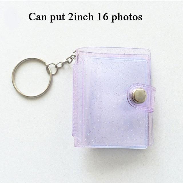 2 Inch Photo Album PVC Sequins Transparent Sticker & Name Card Holder 16 Pockets Photo Holder Business Card Bag Mini Photo Holds Photos with Key Chain Album Gifts Stevvex
