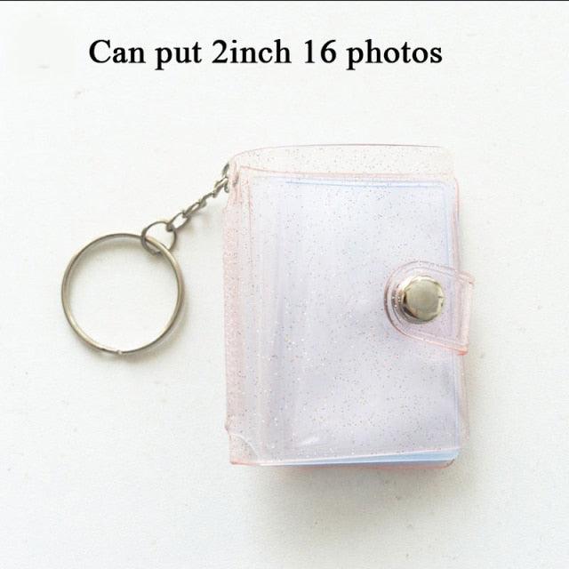 2 Inch Photo Album PVC Sequins Transparent Sticker & Name Card Holder 16 Pockets Photo Holder Business Card Bag Mini Photo Holds Photos with Key Chain Album Gifts Stevvex