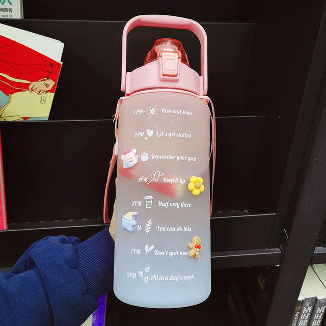 2 Liters Water Bottle Motivational Drinking Bottle Sports Water Bottle With Time Marker Stickers Portable Reusable Plastic Cups Motivational Sports Water Bottle With Time Capacity Marker BPA Free Big Large Gym Cycling Water Bottle Cup Jug For Kids School Stevvex