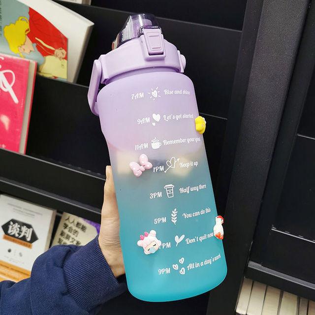 2 Liters Water Bottle Motivational Drinking Bottle Sports Water Bottle With Time Marker Stickers Portable Reusable Plastic Cups Motivational Sports Water Bottle With Time Capacity Marker BPA Free Big Large Gym Cycling Water Bottle Cup Jug For Kids School Stevvex