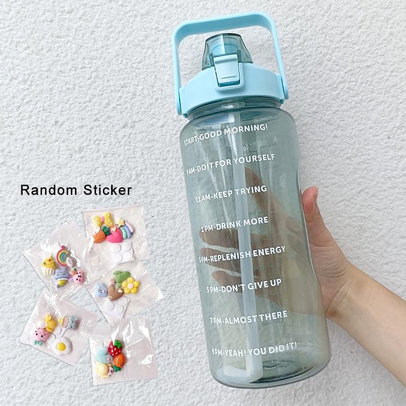 2 Liters Water Bottle Motivational Drinking Bottle Sports Water Bottle With Time Marker Stickers Portable Reusable Plastic Cups Motivational Sports Water Bottle With Time Capacity Marker BPA Free Big Large Gym Cycling Water Bottle Cup Jug For Kids School Stevvex