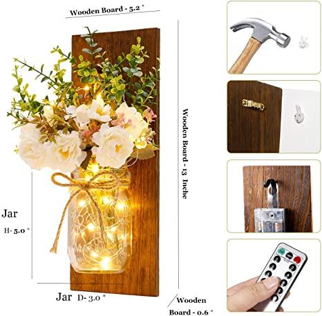 2 Pack Rustic  Jar Fairy Strip Lights Wall Decor Hydrangea Sconces Decorative Home Chic Hanging LED FlowersHanging Design with Remote Control LED Fairy Lights and White Peony, Farmhouse Kitchen Decorations Wall Home Decor Living Room Lights Set of Two Stevvex