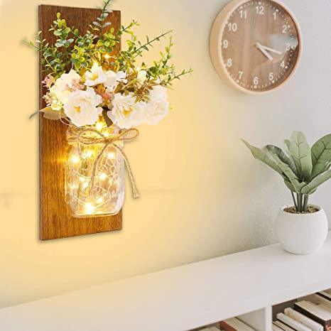 2 Pack Rustic  Jar Fairy Strip Lights Wall Decor Hydrangea Sconces Decorative Home Chic Hanging LED FlowersHanging Design with Remote Control LED Fairy Lights and White Peony, Farmhouse Kitchen Decorations Wall Home Decor Living Room Lights Set of Two Stevvex