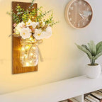 2 Pack Rustic  Jar Fairy Strip Lights Wall Decor Hydrangea Sconces Decorative Home Chic Hanging LED FlowersHanging Design with Remote Control LED Fairy Lights and White Peony, Farmhouse Kitchen Decorations Wall Home Decor Living Room Lights Set of Two Stevvex
