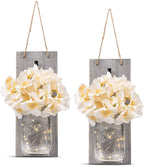 2 Pack Rustic  Jar Fairy Strip Lights Wall Decor Hydrangea Sconces Decorative Home Chic Hanging LED FlowersHanging Design with Remote Control LED Fairy Lights and White Peony, Farmhouse Kitchen Decorations Wall Home Decor Living Room Lights Set of Two Stevvex