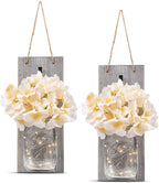 2 Pack Rustic  Jar Fairy Strip Lights Wall Decor Hydrangea Sconces Decorative Home Chic Hanging LED FlowersHanging Design with Remote Control LED Fairy Lights and White Peony, Farmhouse Kitchen Decorations Wall Home Decor Living Room Lights Set of Two Stevvex