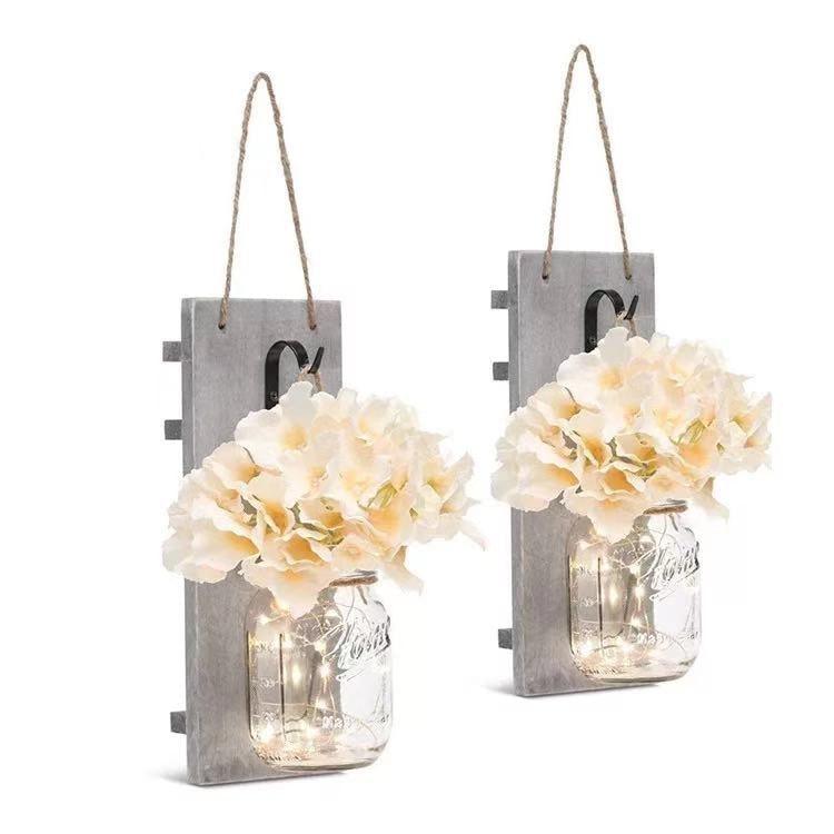 2 Pack Rustic  Jar Fairy Strip Lights Wall Decor Hydrangea Sconces Decorative Home Chic Hanging LED FlowersHanging Design with Remote Control LED Fairy Lights and White Peony, Farmhouse Kitchen Decorations Wall Home Decor Living Room Lights Set of Two Stevvex