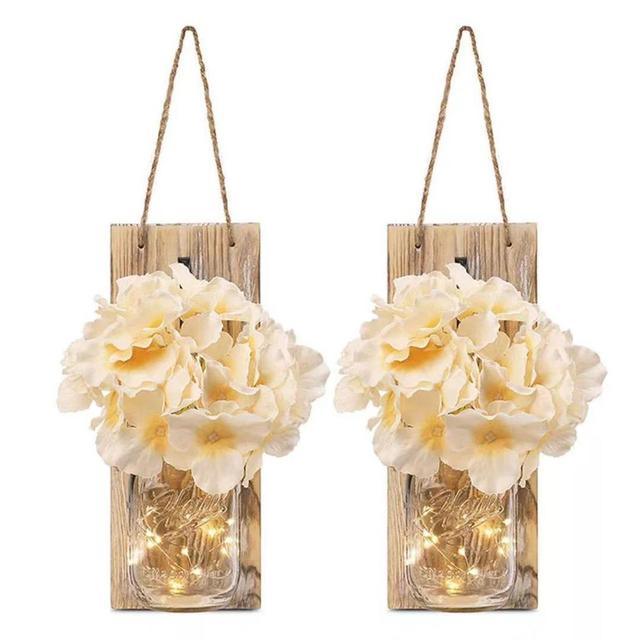2 Pack Rustic  Jar Fairy Strip Lights Wall Decor Hydrangea Sconces Decorative Home Chic Hanging LED FlowersHanging Design with Remote Control LED Fairy Lights and White Peony, Farmhouse Kitchen Decorations Wall Home Decor Living Room Lights Set of Two Stevvex