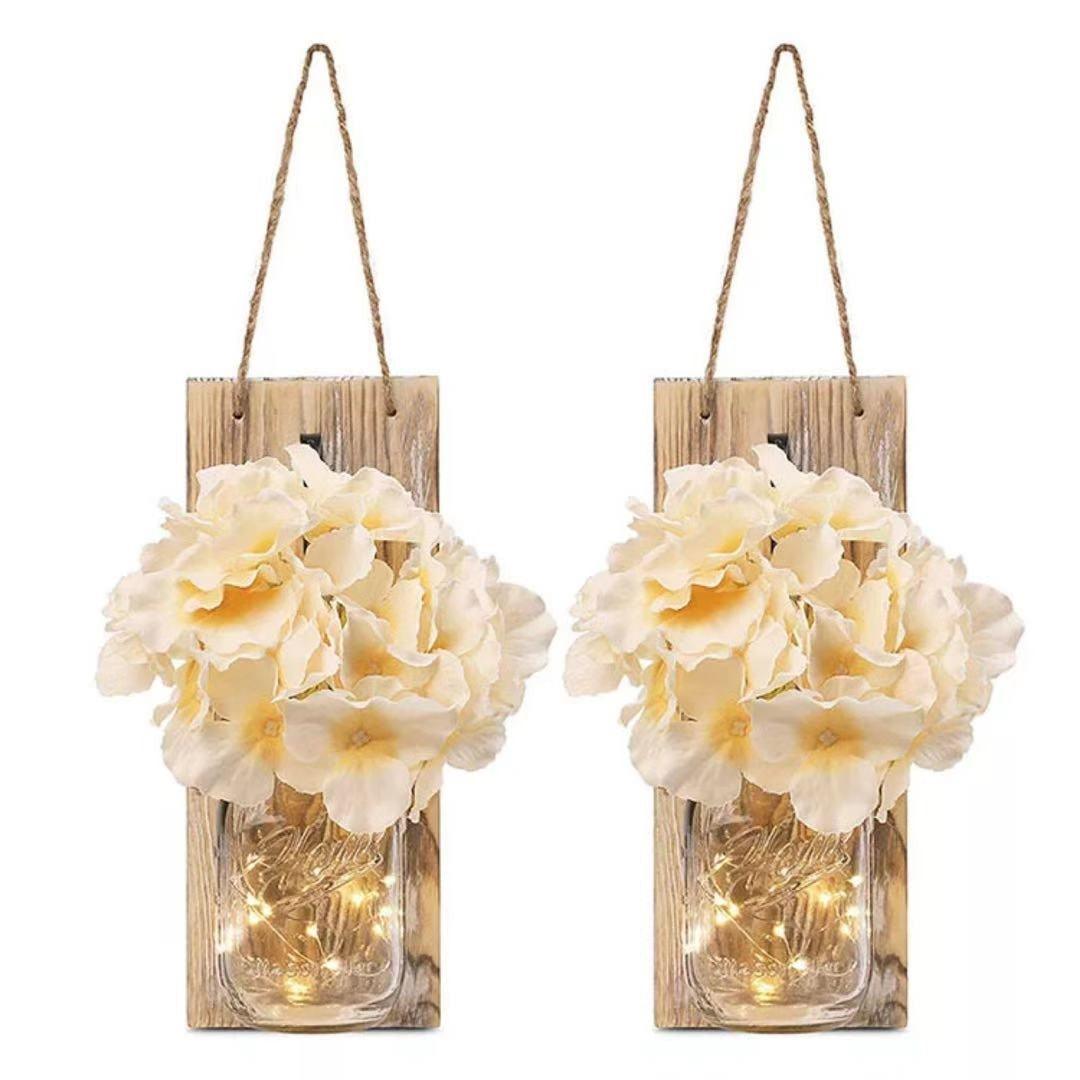 2 Pack Rustic  Jar Fairy Strip Lights Wall Decor Hydrangea Sconces Decorative Home Chic Hanging LED FlowersHanging Design with Remote Control LED Fairy Lights and White Peony, Farmhouse Kitchen Decorations Wall Home Decor Living Room Lights Set of Two Stevvex