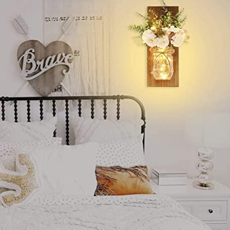 2 Pack Rustic  Jar Fairy Strip Lights Wall Decor Hydrangea Sconces Decorative Home Chic Hanging LED FlowersHanging Design with Remote Control LED Fairy Lights and White Peony, Farmhouse Kitchen Decorations Wall Home Decor Living Room Lights Set of Two Stevvex