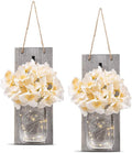 2 Pack Rustic  Jar Fairy Strip Lights Wall Decor Hydrangea Sconces Decorative Home Chic Hanging LED FlowersHanging Design with Remote Control LED Fairy Lights and White Peony, Farmhouse Kitchen Decorations Wall Home Decor Living Room Lights Set of Two Stevvex