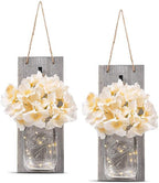 2 Pack Rustic  Jar Fairy Strip Lights Wall Decor Hydrangea Sconces Decorative Home Chic Hanging LED FlowersHanging Design with Remote Control LED Fairy Lights and White Peony, Farmhouse Kitchen Decorations Wall Home Decor Living Room Lights Set of Two Stevvex