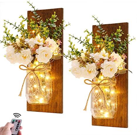 2 Pack Rustic  Jar Fairy Strip Lights Wall Decor Hydrangea Sconces Decorative Home Chic Hanging LED FlowersHanging Design with Remote Control LED Fairy Lights and White Peony, Farmhouse Kitchen Decorations Wall Home Decor Living Room Lights Set of Two Stevvex