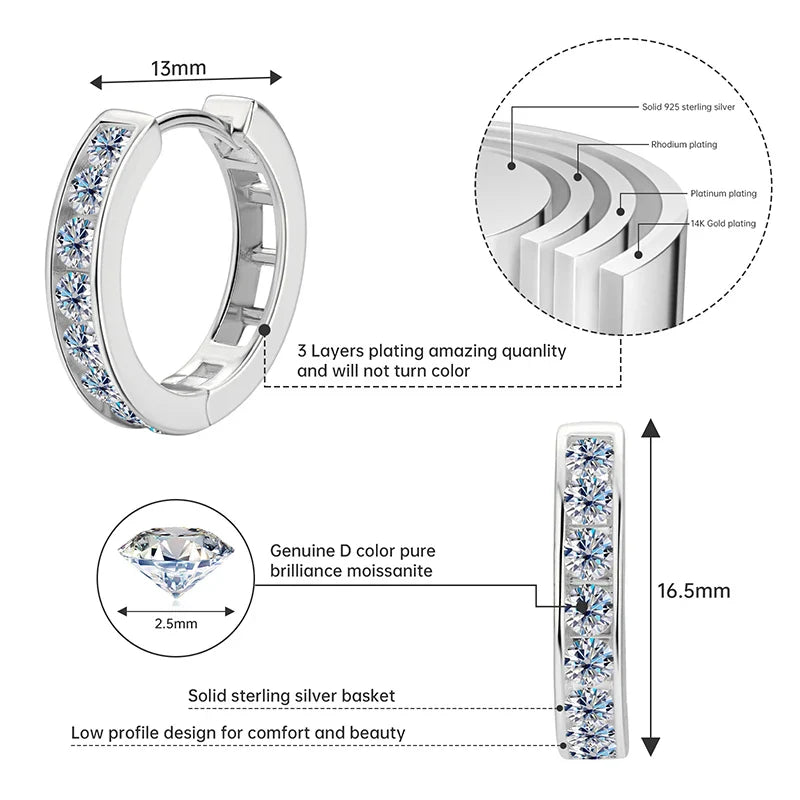 2.5mm Moissanite Hoop Huggie Earrings 925 Sterling Silver Unisex Certified Pair BandsCo Straps
