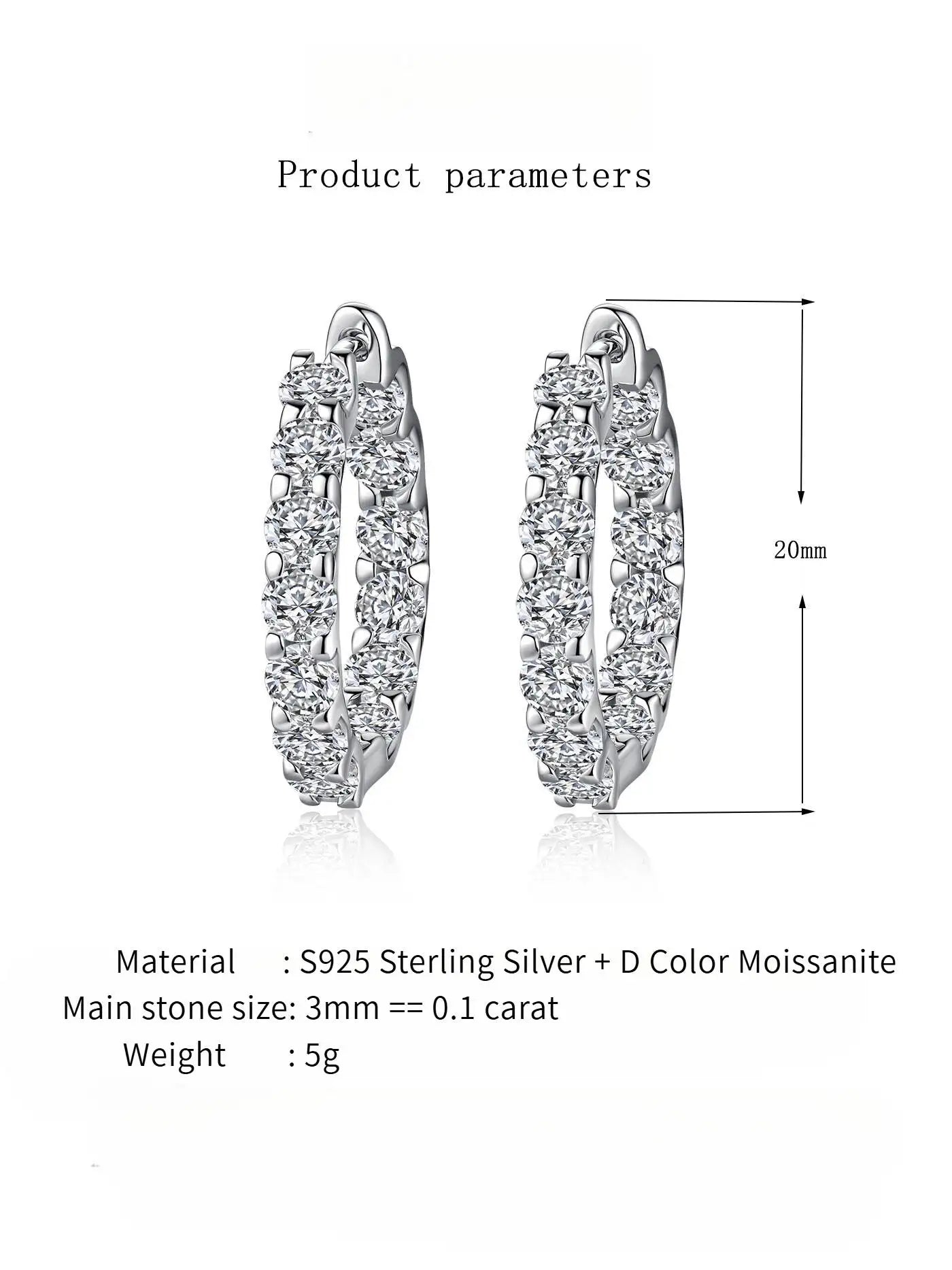 2.6Ct D Color Moissanite 925 Sterling Silver White Gold Plated Hoop Earrings For Women Wedding BandsCo Straps