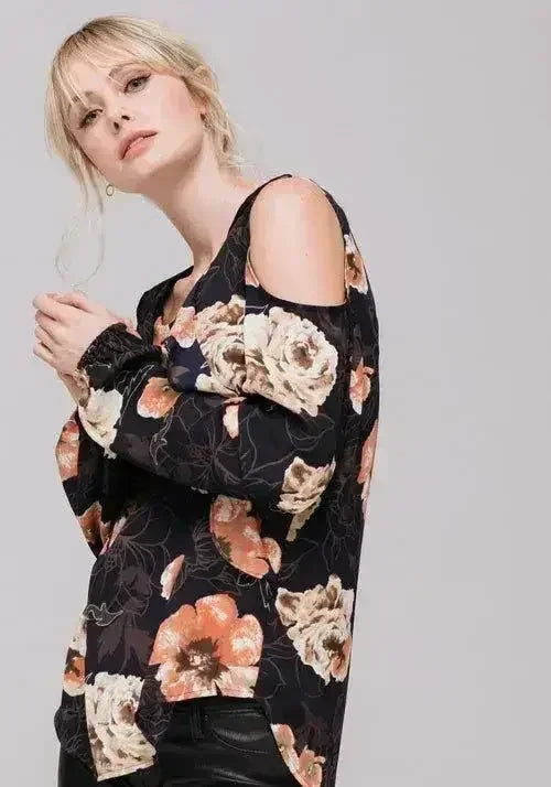 Women's Floral Print Long Sleeve Open Shoulder Top - SJB-DIAMOND ELITES