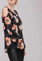 Women's Floral Print Long Sleeve Open Shoulder Top - SJB-DIAMOND ELITES