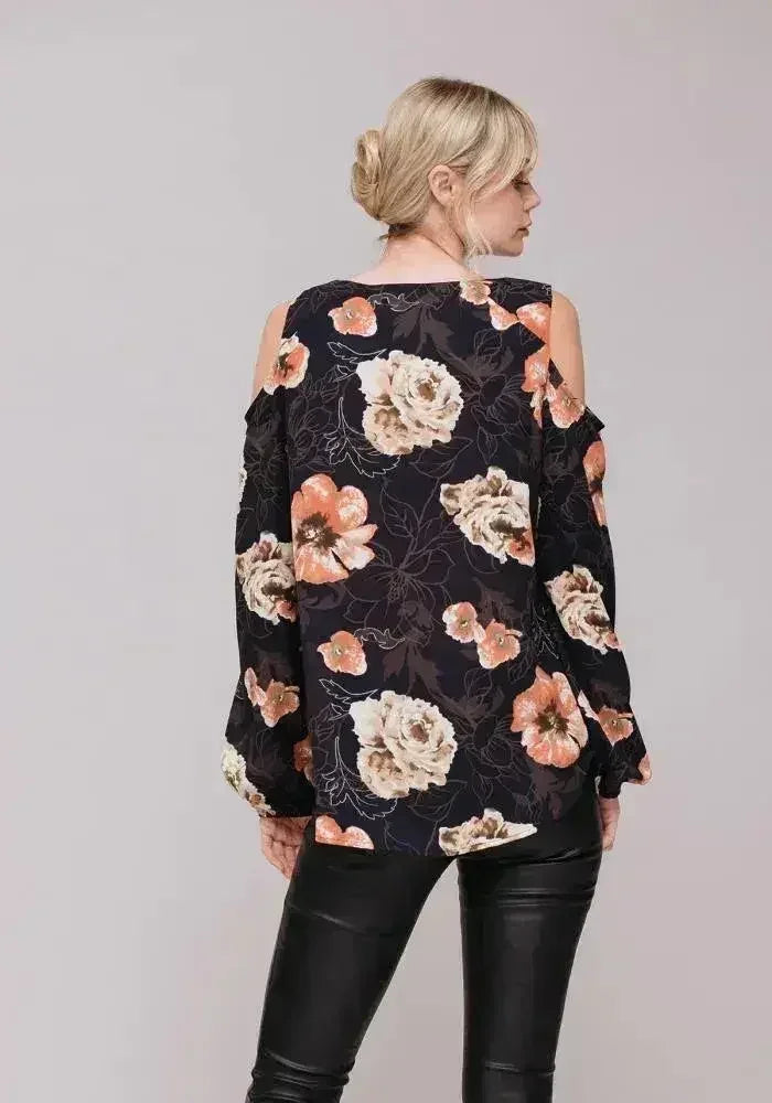 Women's Floral Print Long Sleeve Open Shoulder Top - SJB-DIAMOND ELITES