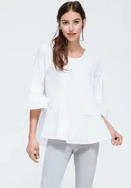 Women's Ruffle Hem Crew Neck Top In White - SJB-DIAMOND ELITES