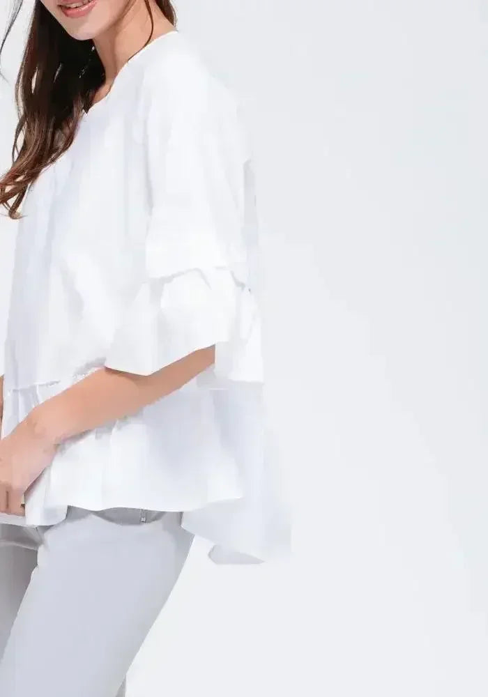 Women's Ruffle Hem Crew Neck Top In White - SJB-DIAMOND ELITES