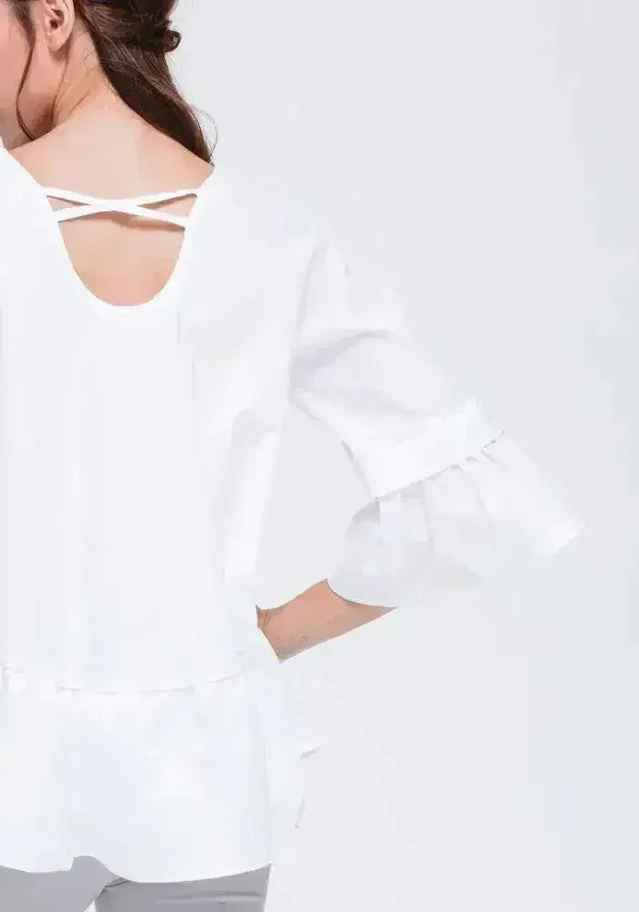 Women's Ruffle Hem Crew Neck Top In White - SJB-DIAMOND ELITES