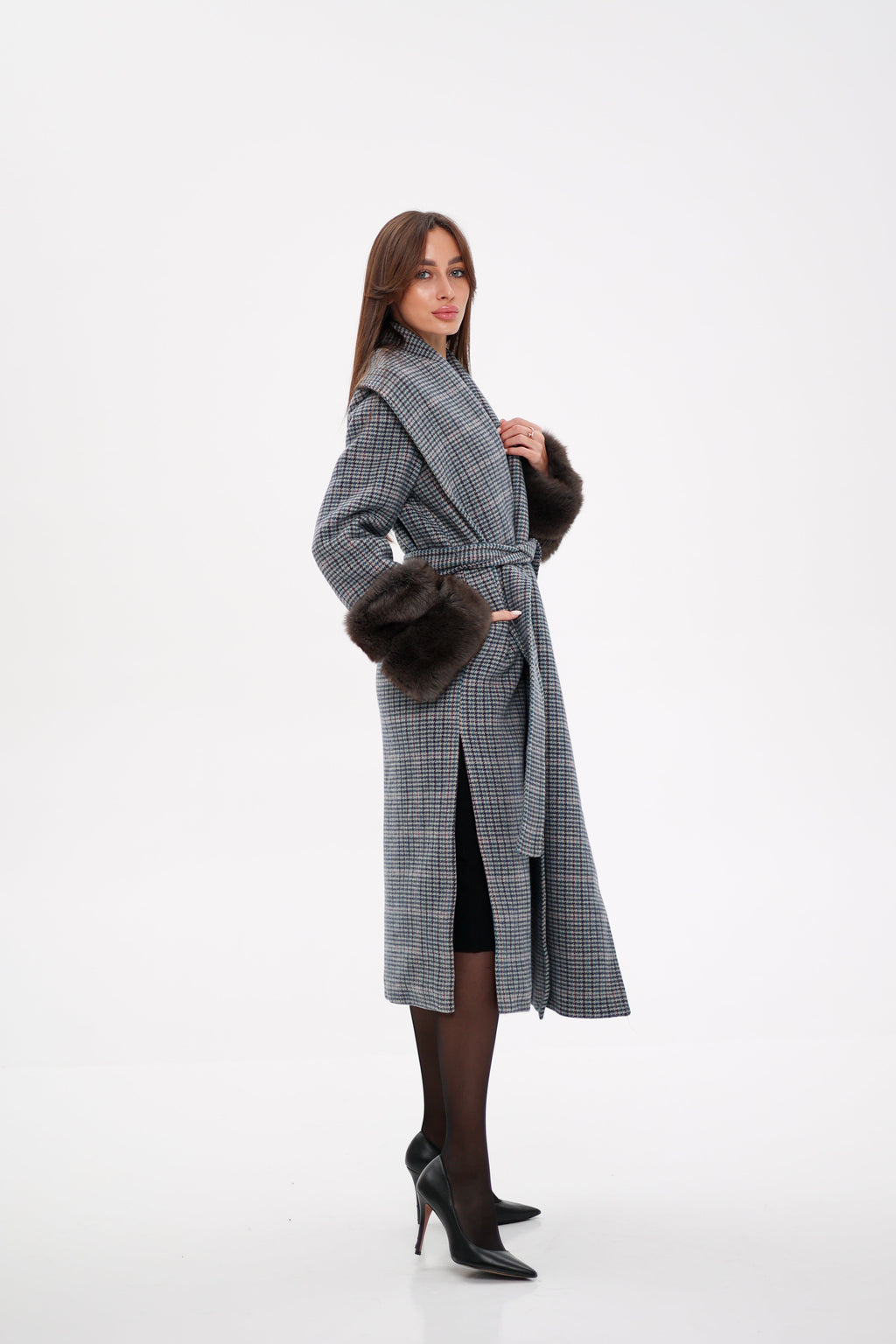 Genuine Polar Fox Fur Virgin Wool Wrap Coat - SJB-DIAMOND ELITES