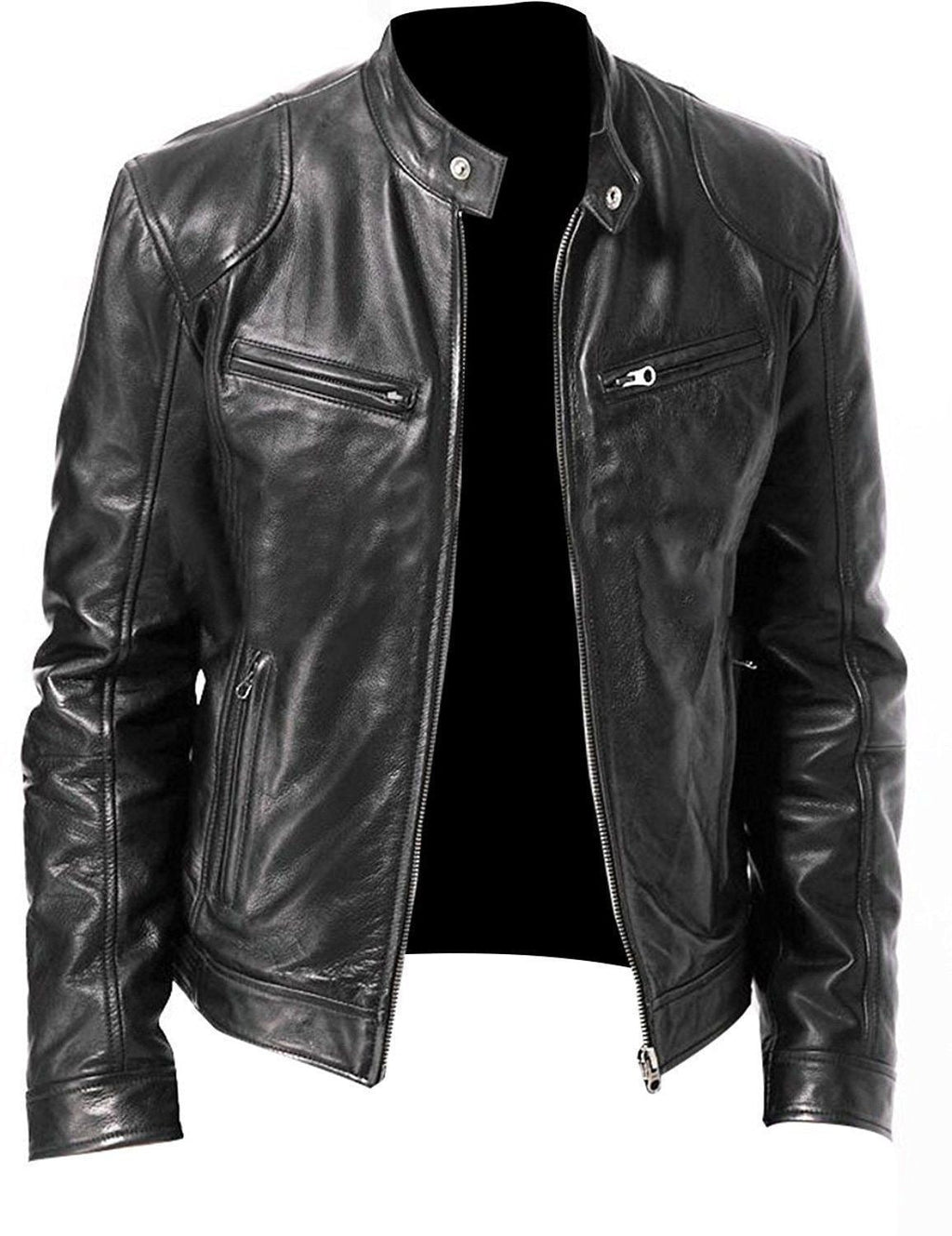 Slim Fit PU Leather Jacket - Stand Collar Youth Biker Jacket with Metal Details
