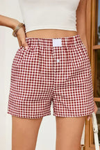Blue Vintage Gingham Print High Waisted Loose Shorts