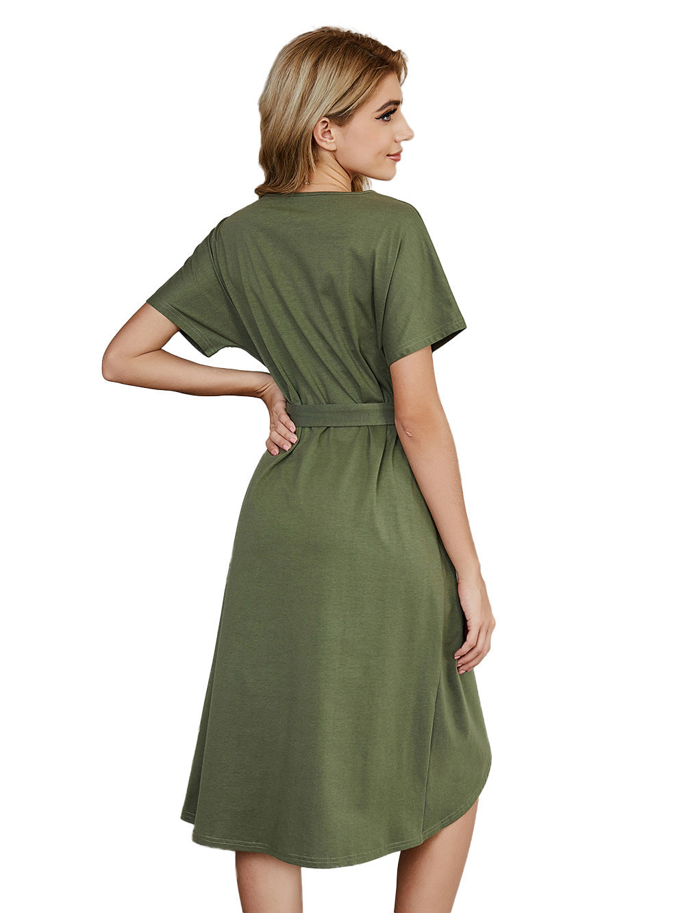 Women's Solid Bandage Irregular Short-sleeved Round Neck Mid-length Dress - SJB-DIAMOND ELITES