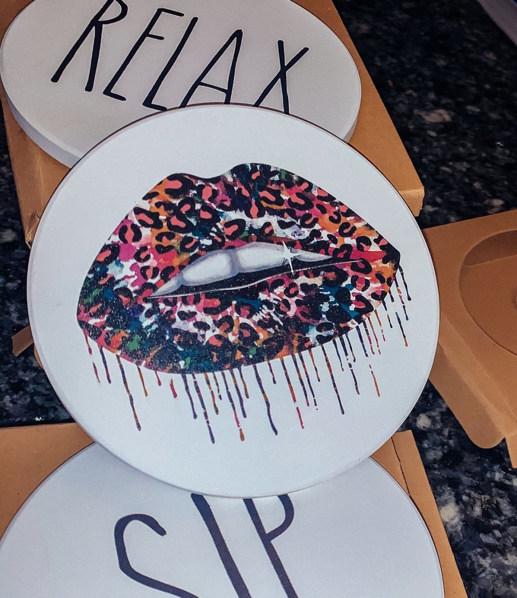Tie Dye Leopard Lip Coaster Single Drink Coaster Animal Print Vibrant Tie Dye Table Accent BandsCo Straps