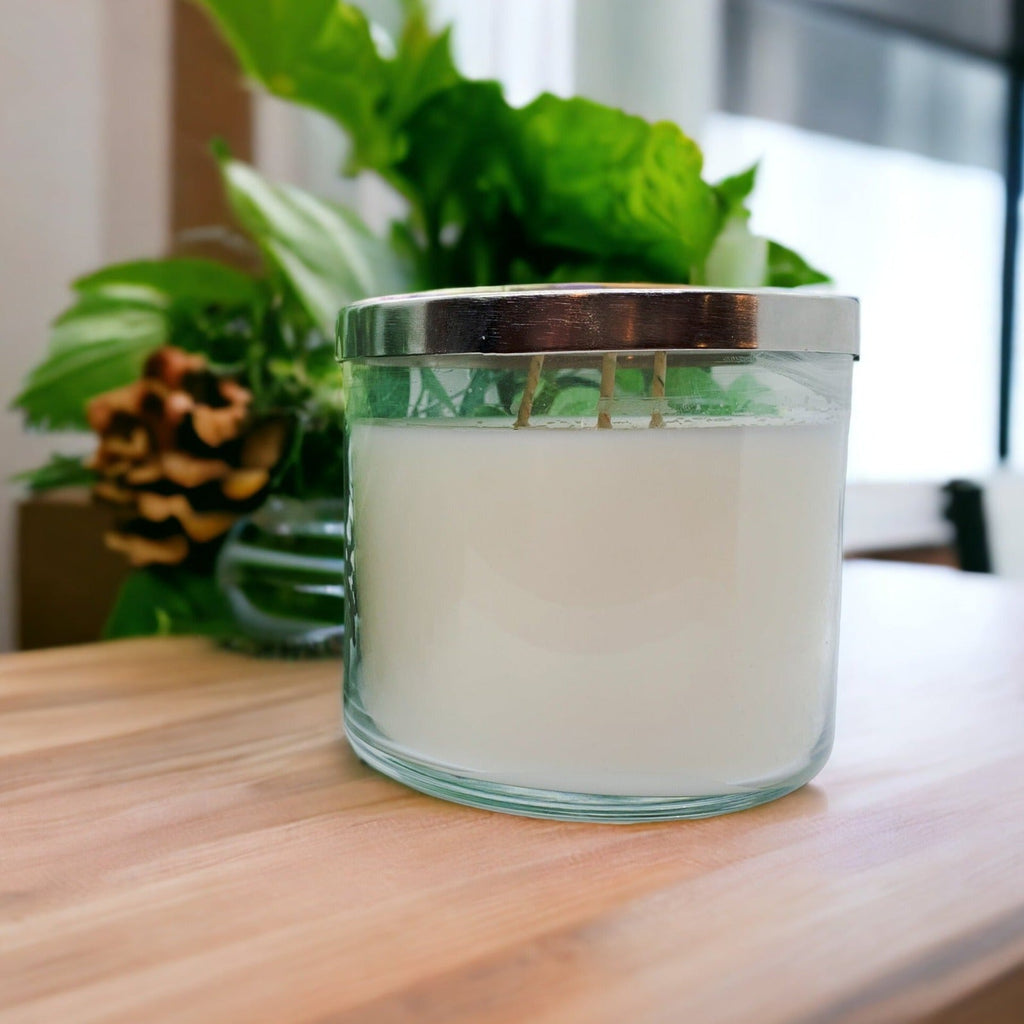 3-Wick Soy Candle 14.5oz Clear Glass Jar Silver Hammered Lid Hand-Poured USA BandsCo Straps