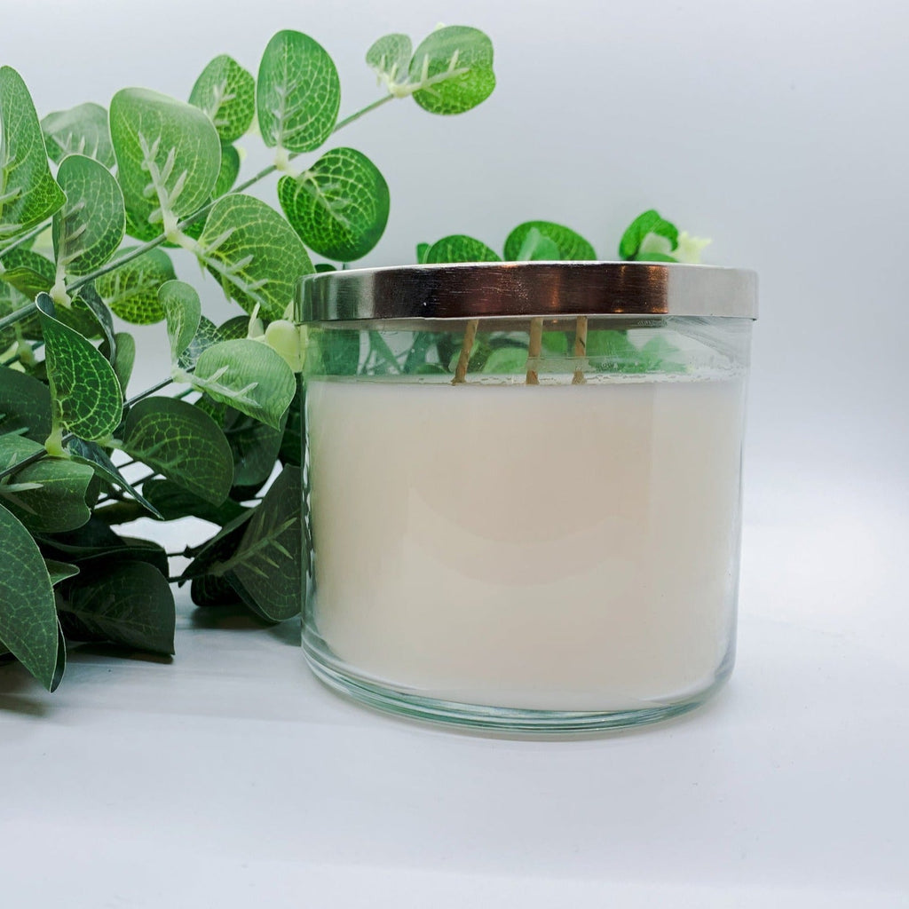 3-Wick Soy Candle 14.5oz Clear Glass Jar Silver Hammered Lid Hand-Poured USA BandsCo Straps