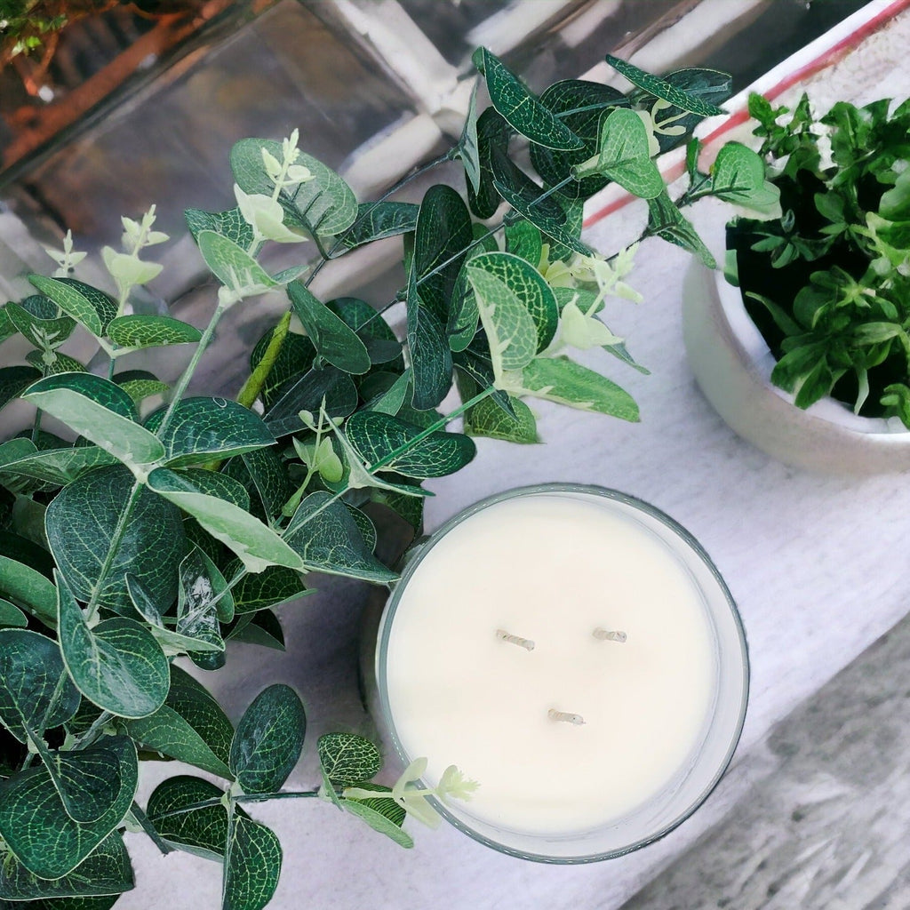 3-Wick Soy Candle 14.5oz Clear Glass Jar Silver Hammered Lid Hand-Poured USA BandsCo Straps