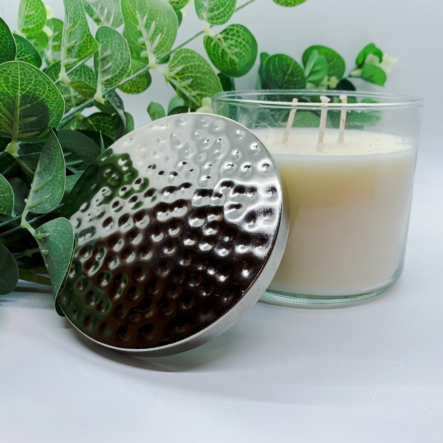 3-Wick Soy Candle 14.5oz Clear Glass Jar Silver Hammered Lid Hand-Poured USA BandsCo Straps