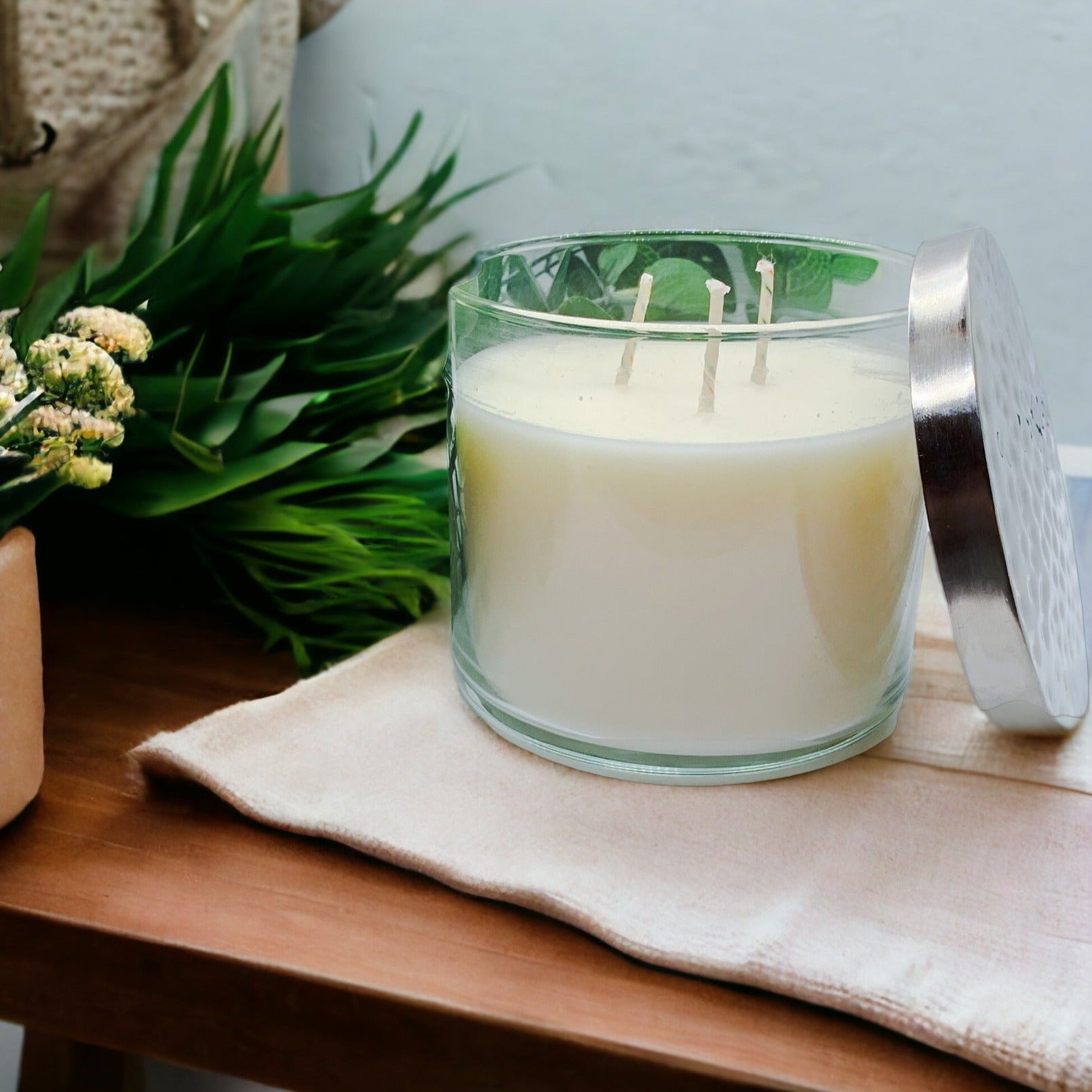 3-Wick Soy Candle 14.5oz Clear Glass Jar Silver Hammered Lid Hand-Poured USA BandsCo Straps