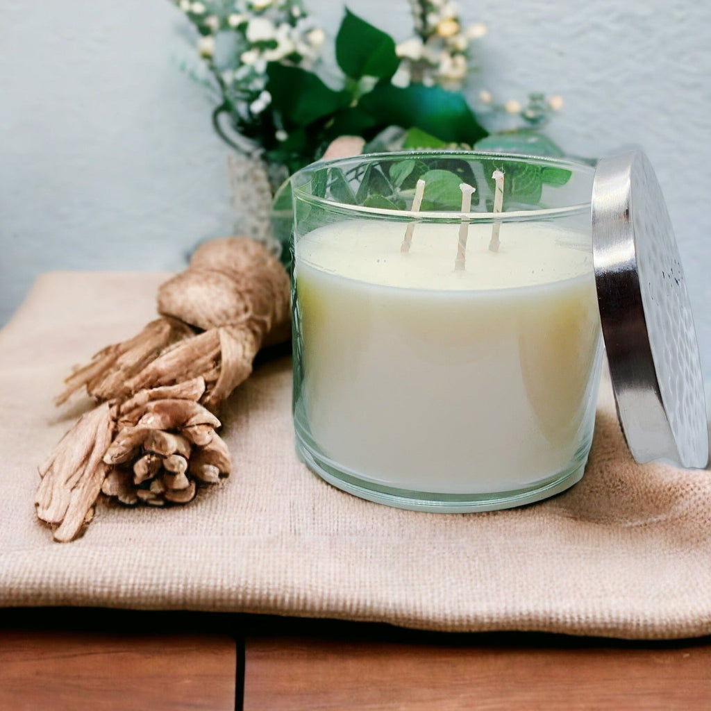 3-Wick Soy Candle 14.5oz Clear Glass Jar Silver Hammered Lid Hand-Poured USA BandsCo Straps