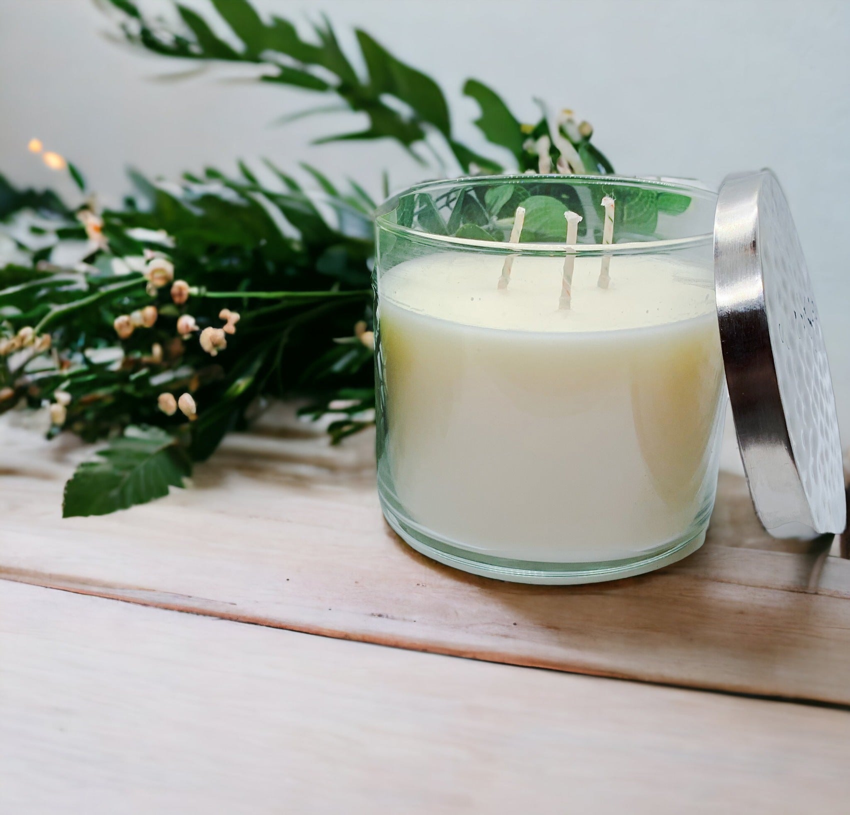 3-Wick Soy Candle 14.5oz Clear Glass Jar Silver Hammered Lid Hand-Poured USA BandsCo Straps