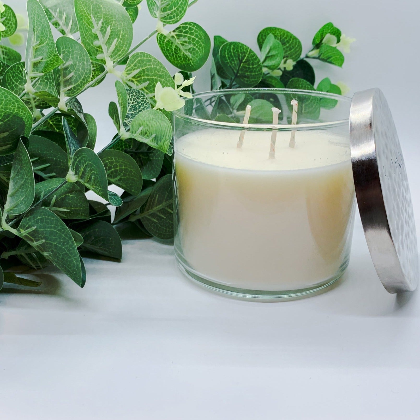 3-Wick Soy Candle 14.5oz Clear Glass Jar Silver Hammered Lid Hand-Poured USA BandsCo Straps