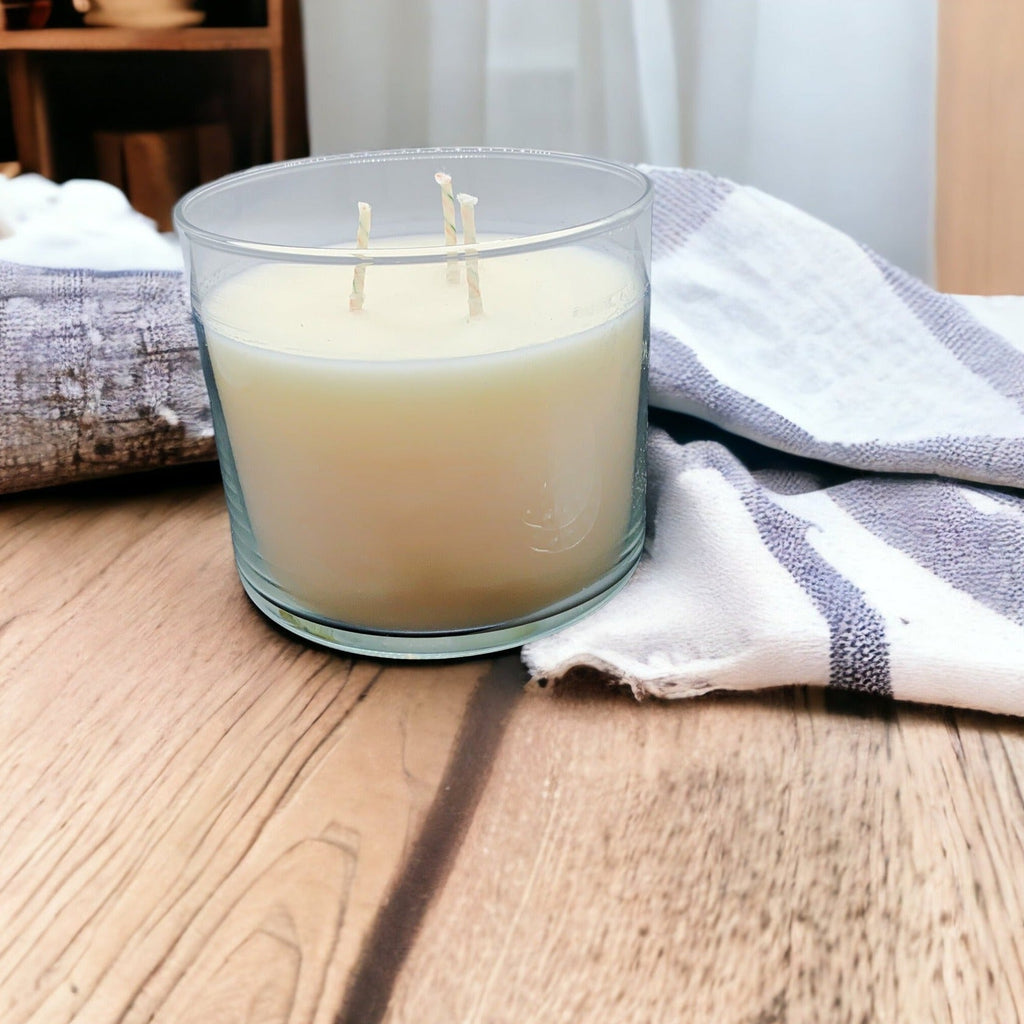 3-Wick Soy Candle 14.5oz Clear Glass Jar Silver Hammered Lid Hand-Poured USA BandsCo Straps