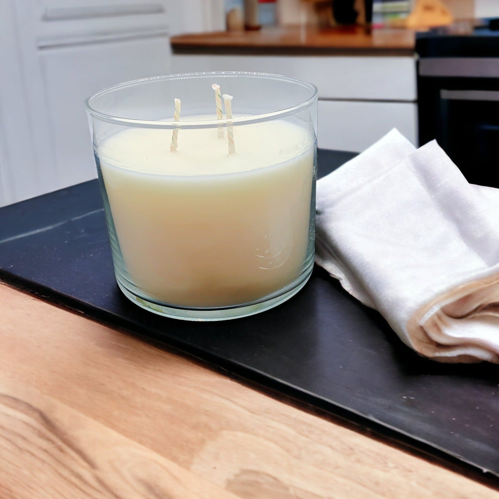 3-Wick Soy Candle 14.5oz Clear Glass Jar Silver Hammered Lid Hand-Poured USA BandsCo Straps