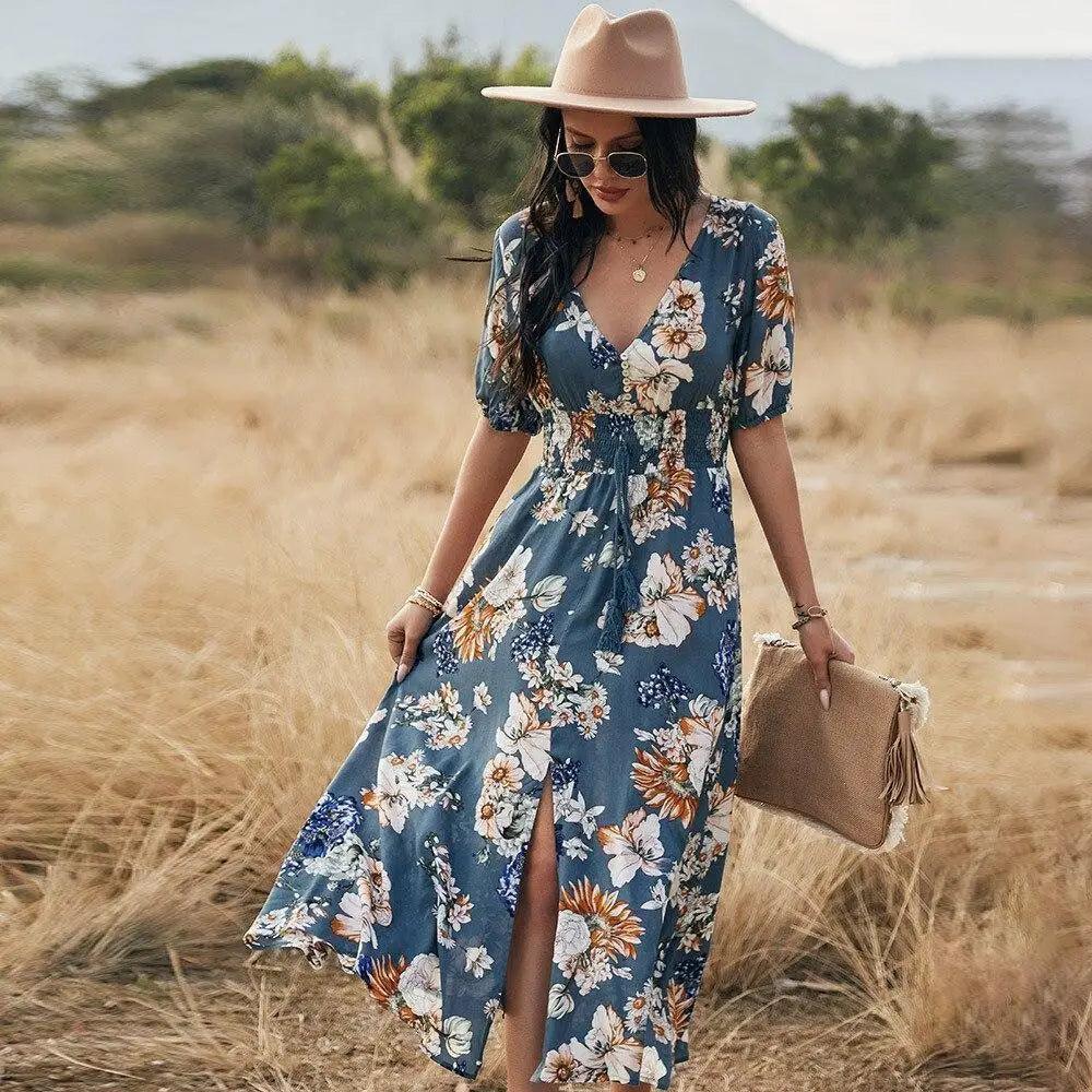 Fashion Casual Loose Party Short Sleeve Maxi Split Dress -  Summer Dresses for Women Stevvex