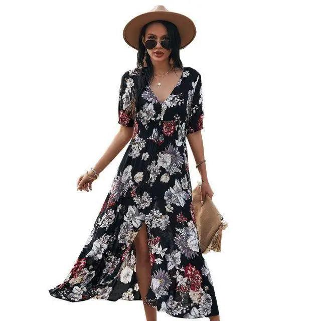 Fashion Casual Loose Party Short Sleeve Maxi Split Dress -  Summer Dresses for Women Stevvex