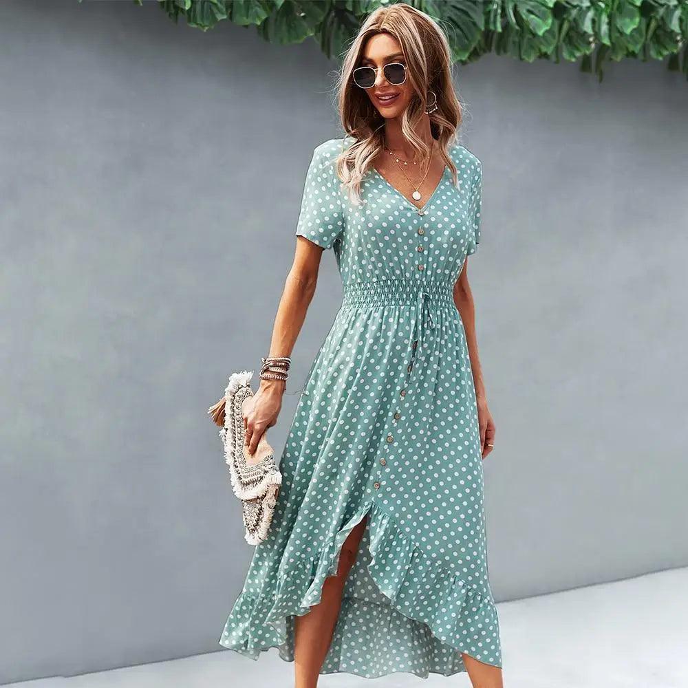 Fashion Elegant Boho Short Sleeve Polka Dot Long Dresses Women Beach Party Vintage Fashion Dresses Stevvex