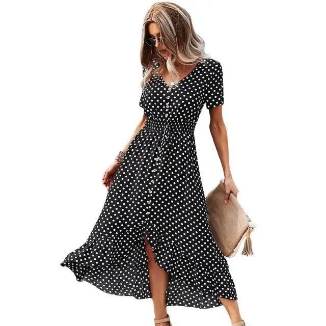 Fashion Elegant Boho Short Sleeve Polka Dot Long Dresses Women Beach Party Vintage Fashion Dresses Stevvex