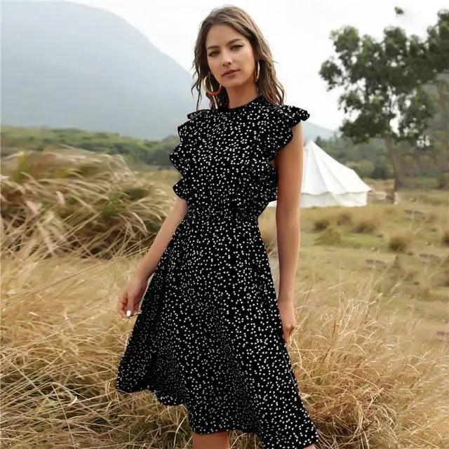 New Summer Dot Print Dress Women Casual Butterfly Sleeve Ruffles Medium Long Chiffon Dress - Summer Fashion Dresses Stevvex