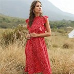 New Summer Dot Print Dress Women Casual Butterfly Sleeve Ruffles Medium Long Chiffon Dress - Summer Fashion Dresses Stevvex